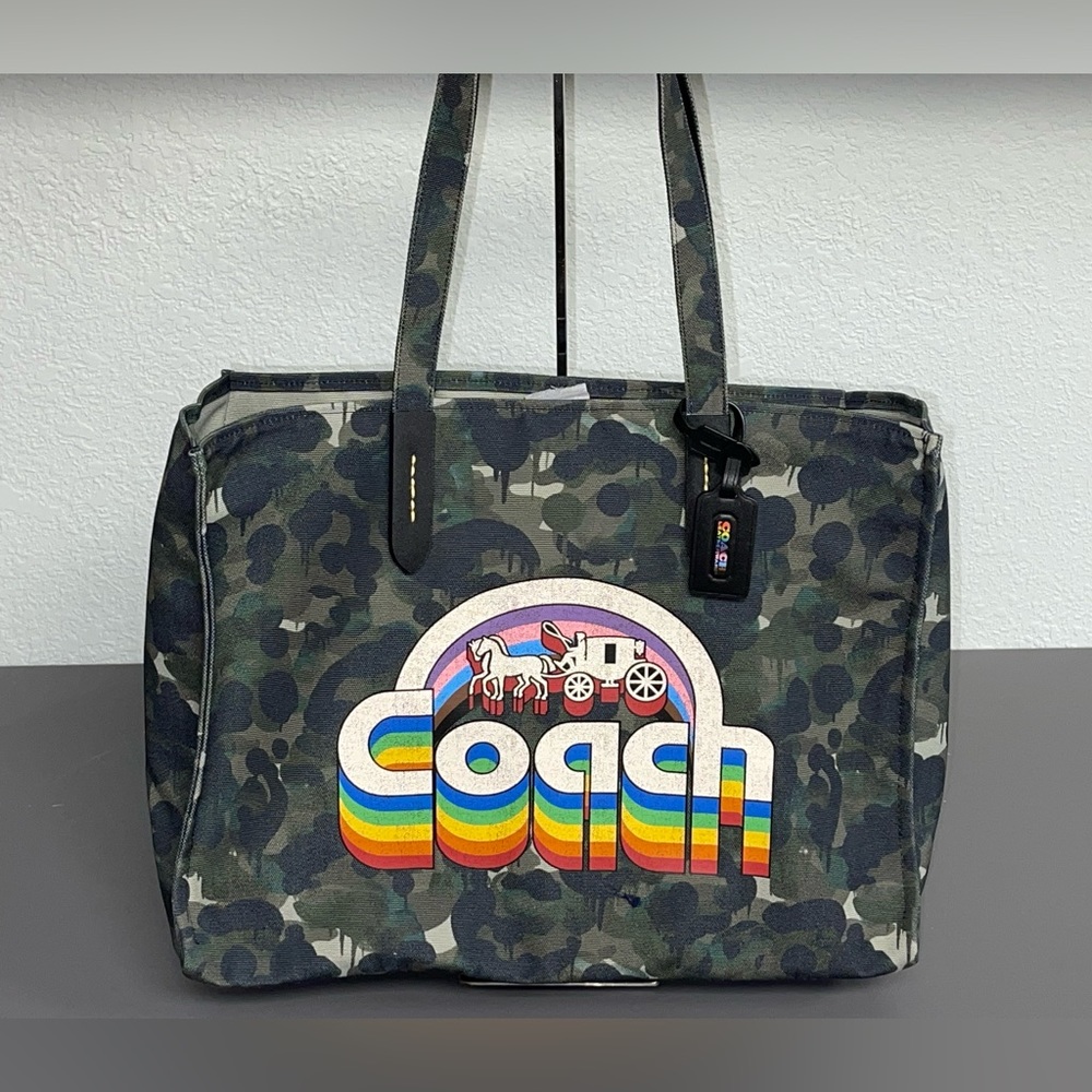 COACHField 42 Signature Logo Rainbow Camouflage Horse & Carriage Canvas Tote Bag